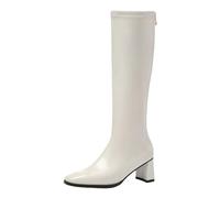CUTEHEELS Botas altas hasta la rodilla para mujer con tacón de bloque | tacón de 6 cm, punta cuadrada con cremallera, Blanco, 34 EU