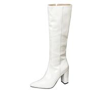 CUTEHEELS Botas altas hasta la rodilla para mujer, punta puntiaguda y tacón de bloque de 8,5 cm, poliuretano metálico suave, Blanco, 34 EU
