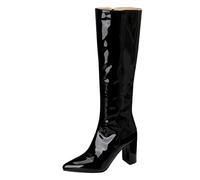CUTEHEELS Botas altas hasta la rodilla para mujer, punta puntiaguda y tacón de bloque de 8,5 cm, poliuretano metálico suave, Negro , 39 EU