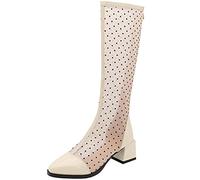 CUTEHEELS Summer Coolee - Botas altas de malla para tobillo y rodilla, con tacón de bloque y cremallera trasera para mujer, Beige 1, 39 EU