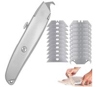 Cúter retráctil profesional de aluminio con bloqueo automático, 1 cutter + 20 recambios, incluye 10 hojas trapezoidales y 10 hojas de gancho, para moqueta, cartón y PVC, color plata