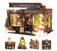 CUTEROOM Casa de Muñecas de Madera con Muebles y Música - Set de Manualidades de Tierra de Maravillas Navideñas, Regalo DIY con Mecanismo Movible, Decoración en Miniatura Iluminada para el Hogar