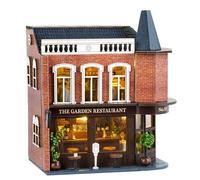 CUTEROOM Casa en miniatura, juego de casa de muñecas de madera, mini juego de construcción de casa con muebles y luz LED, regalo de cumpleaños para mujeres y niñas (restaurante jardín)