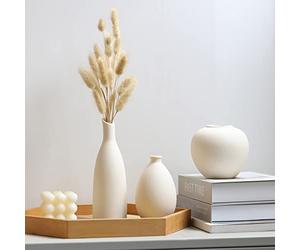 Cutfouwe Jarrón beige Boho Jarrones para cola de conejo, hierba de pampas, flores secas, florero decorativo moderno, de cerámica, rústico, casa de campo, decoración para el hogar, beige