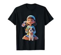 Cutie Girl with Cute Dog and Flowers - Camiseta Unisex para niños Camiseta