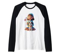 Cutie Girl with Cute Dog and Flowers - Camiseta Unisex para niños Camiseta Manga Raglan