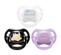 CutiePlus Chupetes para adultos pack de 3, chupete grande de silicona con escudo amplio, sin BPA, antiestrés, blanco con "Little Dreamer", negro con conejo lunar, lila con "I Love Daddy"