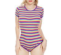 CutiePlusU - Body de algodón con botones en la entrepierna, mono de pijama con rayas arcoíris color Morada XL