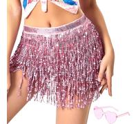 CutitiUU Falda de Lentejuelas para Danza con Borlas,Pañuelo de Cintura con Borlas Rosa Lentejuelas Danza del Vientre 1pc + Gafas de Amor 1pc,Disfraz de Rave,Falda con borlas de Lentejuelas