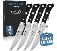 Cutluxe Cuchillos para Carnes. Juego de Cuchillos Serrados para Bistec. Cuchillos de Acero Alemán Forjado con Alto Contenido de Carbono. Diseño de Mango Ergonómico y Espiga Completa. Serie Artesano
