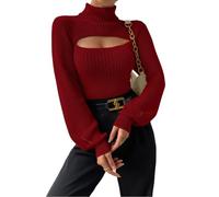 Cutout Knit Tops For Women Turtleneck Long Sleeve Ribbed Fitted Sweater (Red,M)