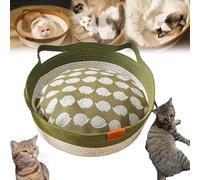 Cutypet Cat Basket, Cotton Rope Woven Cat Bed Basket, Rope Round Kitty Nest with Built-in Scratching Pad and Play Ball for Kittys and Dogs All-Season (Green with Padding,Large)