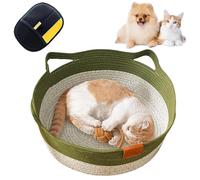 Cutypet Cat Basket, Hand Rope Cotton Round Nest Built-in Play Balls, Soft Cozy Washable with Detachable Pad and Pillow, Breathable & Easy to Clean (Green,Medium)