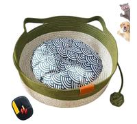 Cutypet Cat Basket, Virela Wicker Woven Cat Bed, Cotton Rope Woven Handwoven Round Cats Bed with Toy Tail, Scratching Pad and Play Ball, Breathable Beds for Pet (Green with Cotton Mat,Small)
