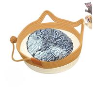 Cutypet Cat Basket, Virela Wicker Woven Cat Bed, Cotton Rope Woven Handwoven Round Cats Bed with Toy Tail, Scratching Pad and Play Ball, Breathable Beds for Pet (Caramel with Cotton Mat,Large)