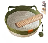 Cutypet Cat Basket, Virela Wicker Woven Cat Bed, Cotton Rope Woven Handwoven Round Cats Bed with Toy Tail, Scratching Pad and Play Ball, Breathable Beds for Pet (Green with Cool Mat,Small)