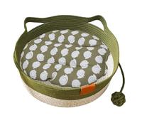 Cutypet Cat Basket, Wicker Woven Cat Bed, Cotton Rope Weaving Pet Nest, Foldable Pet Toy Basket, with Built-In Mat & Teasing Ball, for Small & Large Cats,Dog (Green,M)