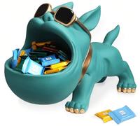 CUZOKOLA Large Size Cute French Bulldog Gifts Statue Animal Blue Turquoise Dog Candy Dish Modern Candy Bowls for Office Desk Big Mouth Storage Resin Figurine for Home Decor with Gold Glasses Frame Key