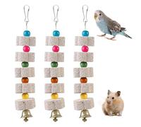 CVASNF 3 juguetes para masticar pájaros grandes, piedra mineral molar, juguete con campana, loro colgante, dientes, piedra caliza para periquitos, periquitos, periquitos, agapornis