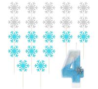 CVDYWDJIE 1 Pieza De Vela Número 4, 20 Piezas De Inserciones De Copos De Nieve, Decoración para Tarta De Cumpleaños, Inserciones Creativas para Tartas, Decoración para Tartas De Fiesta De Cumpleaños