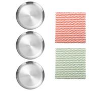 CVDYWDJIE 3 Placas De Acero Inoxidable Y 2 Paños De Limpieza, Tazones De Comida para Gatos, Tazones De Comida para Mascotas, Bandejas Irrompibles, Herramientas De Alimentación para Mascotas