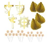CVDYWDJIE 4 Piezas De Inserciones De Cruz Dorada, 20 Bolas Doradas, 2 Pares De Inserciones De Hojas, Decoración para Tartas, Apto para Celebraciones De Comunión Y Bautizo.
