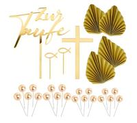 CVDYWDJIE 4 Piezas De Inserciones De Cruz Dorada, 20 Bolas Doradas, 2 Pares De Inserciones De Hojas, Decoración para Tartas, Apto para Celebraciones De Comunión Y Bautizo.