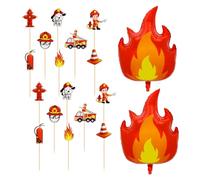 CVFRTT 16 Adornos para Tartas De Fuego, 2 Globos De Fuego, Suministros De Decoración De Tartas para El Departamento De Bomberos, Decoraciones para Fiestas De Cumpleaños para Niños