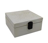 CVHOMEDECO. Caja decorativa de metal rústico vintage galvanizada con tapa y cajas cuadradas con bisagras para fotos, joyas, recuerdos y regalos, color blanco envejecido