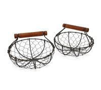 CVHOMEDECO. Cestas redondas de alambre de pollo para huevos Cestas de recolección de óxido con asa de madera Cestas de almacenamiento de estilo country vintage. Juego de 2
