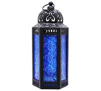 CVHOMEDECO. Farol Decorativo para Velas, marroquíes, Estilo Vintage, de Metal, Color Negro, para decoración del hogar, Patio, Exterior, Cristal Cobalto, Mediano