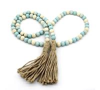 CVHOMEDECO. Guirnalda de cuentas de madera con borlas, estilo rústico para oración de madera, para colgar en la pared, para decoración del hogar, festival, mezcla de color verde azulado envejecido