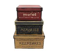 CVHOMEDECO. Primitive Vintage Cuadrado Fotos, Recuerdos, Recuerdos, Cajas Nido de Cartón, Grandes, 22,8 x 22,8 x 11,1 cm, Juego de 3
