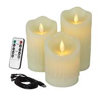 CVHOMEDECO. Velas sin llama electrónica batería recargable extra brillante Ivory Dripping Real Wax Pillars LED Flickering Pillar Candle with 10-Key Remote Control, Set of 3