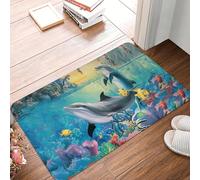 CWCMZDH Feliz Delfines Peces Frente A La Puerta De La Estera Antideslizante Interior Absorbente Criatura del Mar Océano Animal Tapete De La Sala De Entrada Alfombra De La Alfombra