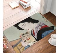 CWCMZDH Geisha Japonesa Y Su Gato De La Suerte Frente A La Puerta del Piso De Alfombras De Entrada Al Aire Libre, Cocina, Cuarto De Baño Felpudo Alfombra del Dormitorio Alfombra