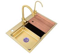 CWCQGH Fregadero de Cocina Individual Gold de Acero Inoxidable para caravanas con Grifo Curvo Grande y Grifo de Agua Limpia. Montaje Empotrado/bajo encimera. 60x46x22 cm.,Gold-60x46x22cm