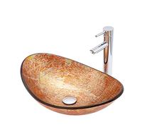 CWCQGH Lavabo de baño artístico de Vidrio Templado, Lavabo Ovalado para encimera, lavabos de tocador con Grifo de latón y desagüe emergente - Amarillo Oscuro .,Orange