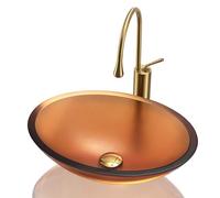 CWCQGH Lavabo de baño, Lavabo artístico de Vidrio de 20" con Grifo Dorado, Lavabo Ovalado sobre encimera con desagüe emergente, Rojo Rosado .,Orange
