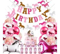 CWENDANER 26 piezas decoracion cumpleaños caballos,Set Decoracion Globos de Caballos,Incluir Guirnalda Happy Birthday,Globo papel aluminio,Adornos para Tarta Decoración ideal de cumpleaños