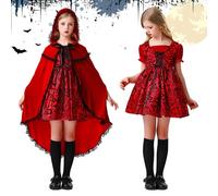 CWENDANER Disfraz de Caperucita Roja para niños, 130 cm, con capa y vestido, rojo oscuro, disfraz de Caperucita Roja, para niñas, disfraz de Halloween, disfraz de teatro escolar, cosplay