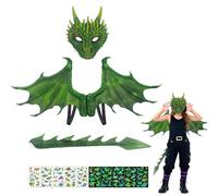 CWENDANER Juego completo de disfraz de dragón para niños con alas 3D, máscara y cola. Disfraz de dinosaurio para niños y niñas, disfraz de fiesta de carnaval de Halloween (verde)