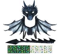 CWENDANER Juego completo de disfraz de dragón para niños con alas 3D, máscara y cola. Disfraz de dinosaurio para niños y niñas, disfraz de fiesta de carnaval de Halloween (gris negro)