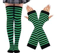 CWENDANER Rainbow High,Overknee Strümpfe Damen Mädchen Socks Lange Socken Voleiballsocken Sportsocken mit Fingerlosen Handhandschuhe Set für Party, Halloween Kostüme, Verde y negro, 12-60