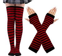 CWENDANER Rainbow High,Overknee Strümpfe Damen Mädchen Socks Lange Socken Voleiballsocken Sportsocken mit Fingerlosen Handhandschuhe Set für Party, Halloween Kostüme, negro y rojo, 12-60