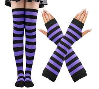 CWENDANER Rainbow High,Overknee Strümpfe Damen Mädchen Socks Lange Socken Voleiballsocken Sportsocken mit Fingerlosen Handhandschuhe Set für Party, Halloween Kostüme, Morado y negro, 12-60