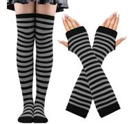 CWENDANER Rainbow High,Overknee Strümpfe Damen Mädchen Socks Lange Socken Voleiballsocken Sportsocken mit Fingerlosen Handhandschuhe Set für Party, Halloween Kostüme, Gris y negro., 12-60