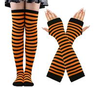 CWENDANER Rainbow High,Overknee Strümpfe Damen Mädchen Socks Lange Socken Voleiballsocken Sportsocken mit Fingerlosen Handhandschuhe Set für Party, Halloween Kostüme, naranja y negro, 12-60