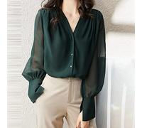 CWENROU Camisa De Manga Larga para Mujer, Moda para Mujer, Gasa, Top De Oficina, Verde Oscuro, Sexy, con Cuello En V, De Un Solo Pecho, Informal, Elegante, para Fiesta De Negocios, Verde, S