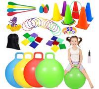 CWLAKON Juego de Feria Exterior 53 Piezas, con Pelotas Saltarinas, Conos, Lanzamiento de Aros y Bolsas, y Carrera de Huevo y Cuchara, para Jardín, Fiestas de Cumpleaños y Reuniones Familiares